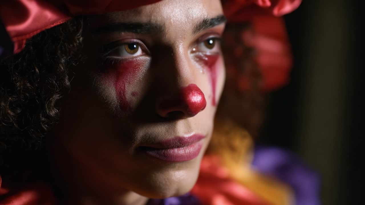 Emotional Clown Portrait: A Close-Up of a Clown's Face Revealing Deep Expression, Reflecting Struggle Amidst Joyfulness with Artistic Makeup and Bright Costume Colors