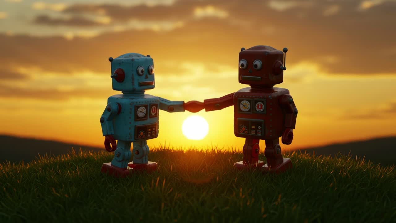 Due robot giocattolo colorati si ergono su una collina erbosa, scambiandosi una stretta di mano mentre il sole tramonta sullo sfondo, incarnando amicizia e connessione