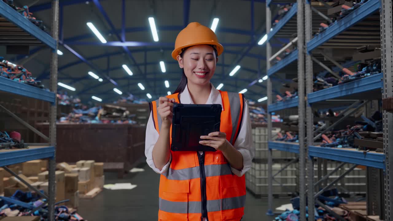 Ingegnere donna asiatica con casco di sicurezza che prende appunti sul tablet e si guarda intorno mentre è in piedi, in un magazzino industriale di rottami metallici e riciclaggio.