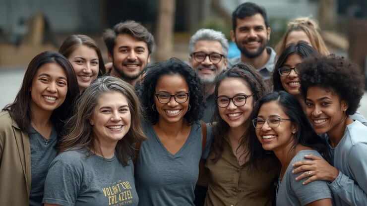 Moving camera pulling back to reveal volunteers posing in plaza with volunteer tees