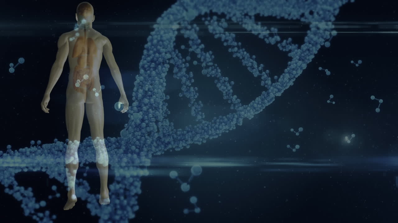 Animação de uma fita de DNA girando e processamento de dados médicos.