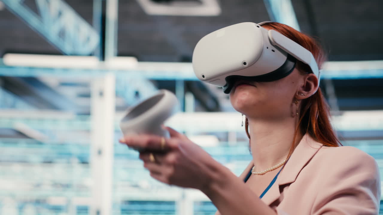 Woman Putting on VR Headset and Interacting with Virtual Reality