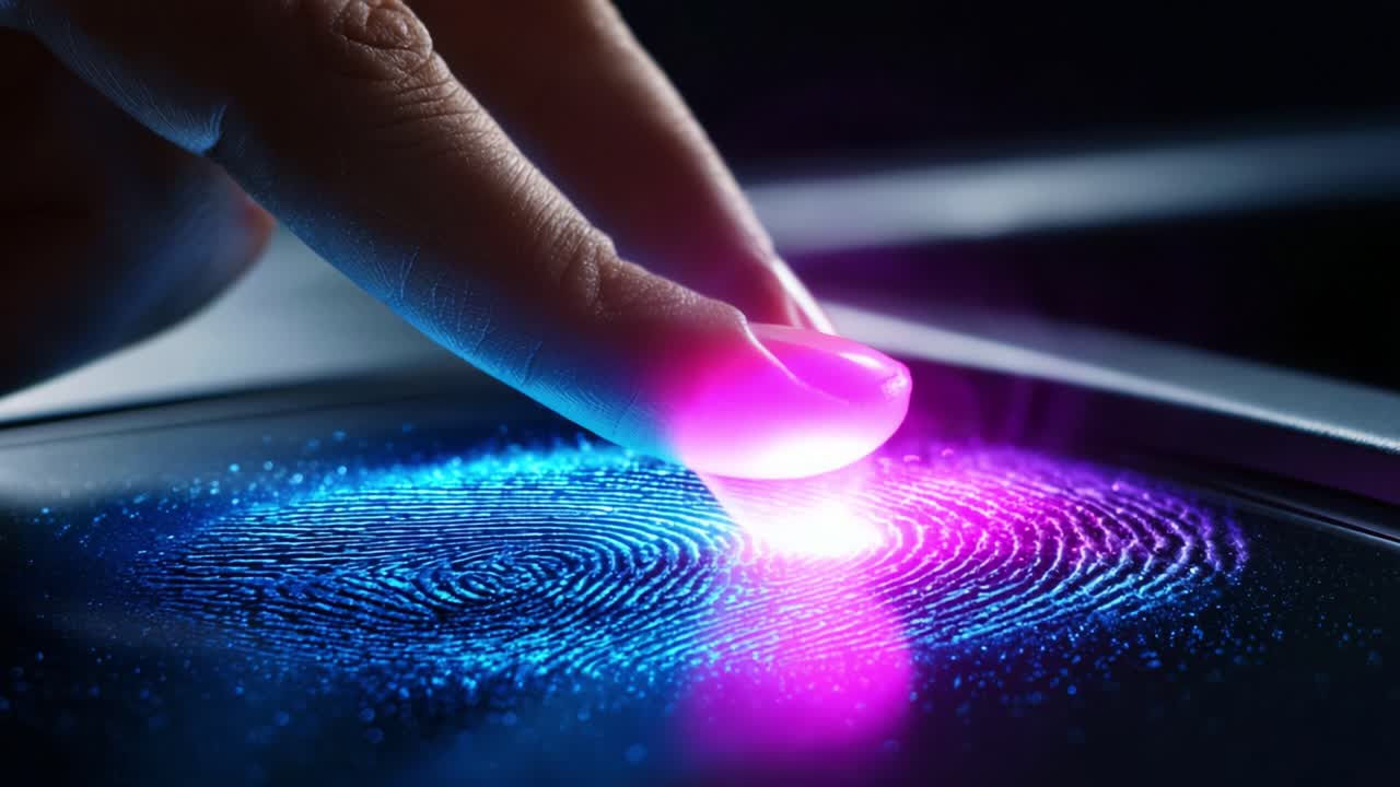 Advanced Fingerprint Recognition Technology: A Close-Up View of a Finger Pressing on a Screen With a Vibrant, Dynamic Holographic Fingerprint Display in High-Definition