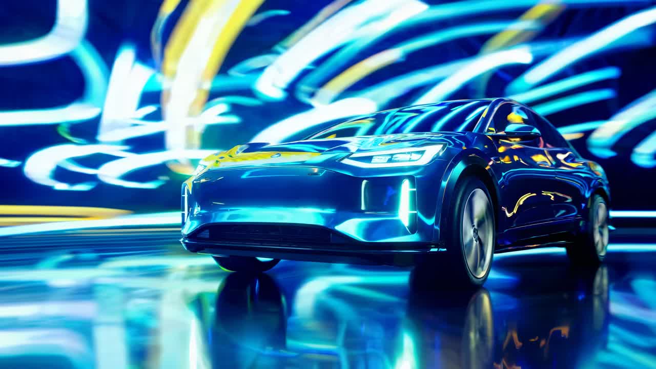 Dynamic low-angle shot of a sleek electric car with neon lights, creating a futuristic video concept