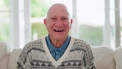 face, funny and senior man on sofa in home living