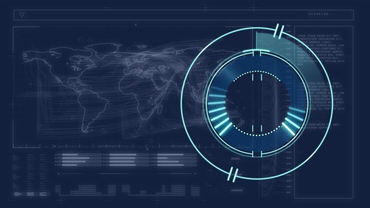 Animation of processing circle over blue background with diverse data and world map