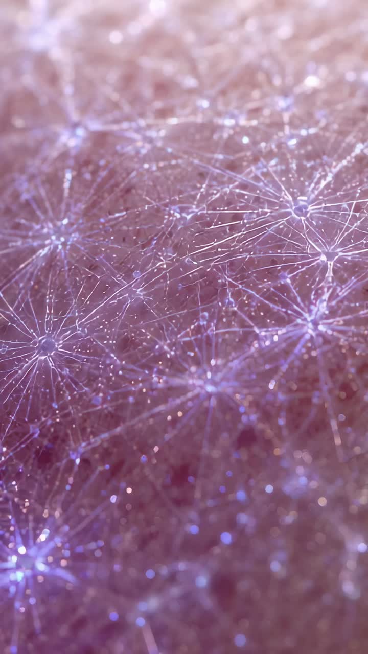 Video verticale: camera che ruota verso il basso rivelando i filamenti in macro, nodi scintillanti per la texture