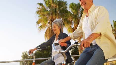 Senior-couple-riding-bicycle-at-promenade-4k