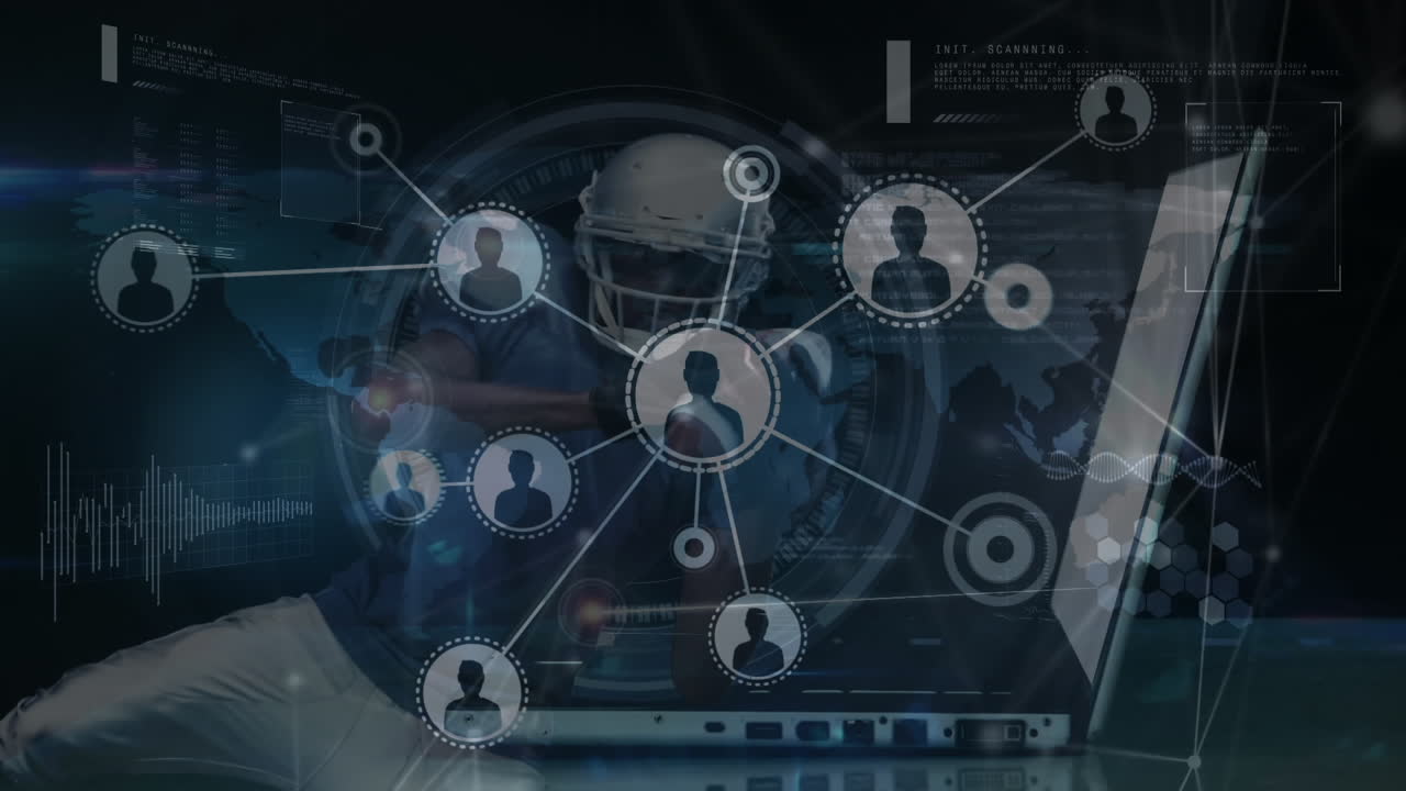 animación del procesamiento de datos informáticos y conexiones a través de portátiles y jugadores de fútbol americano.