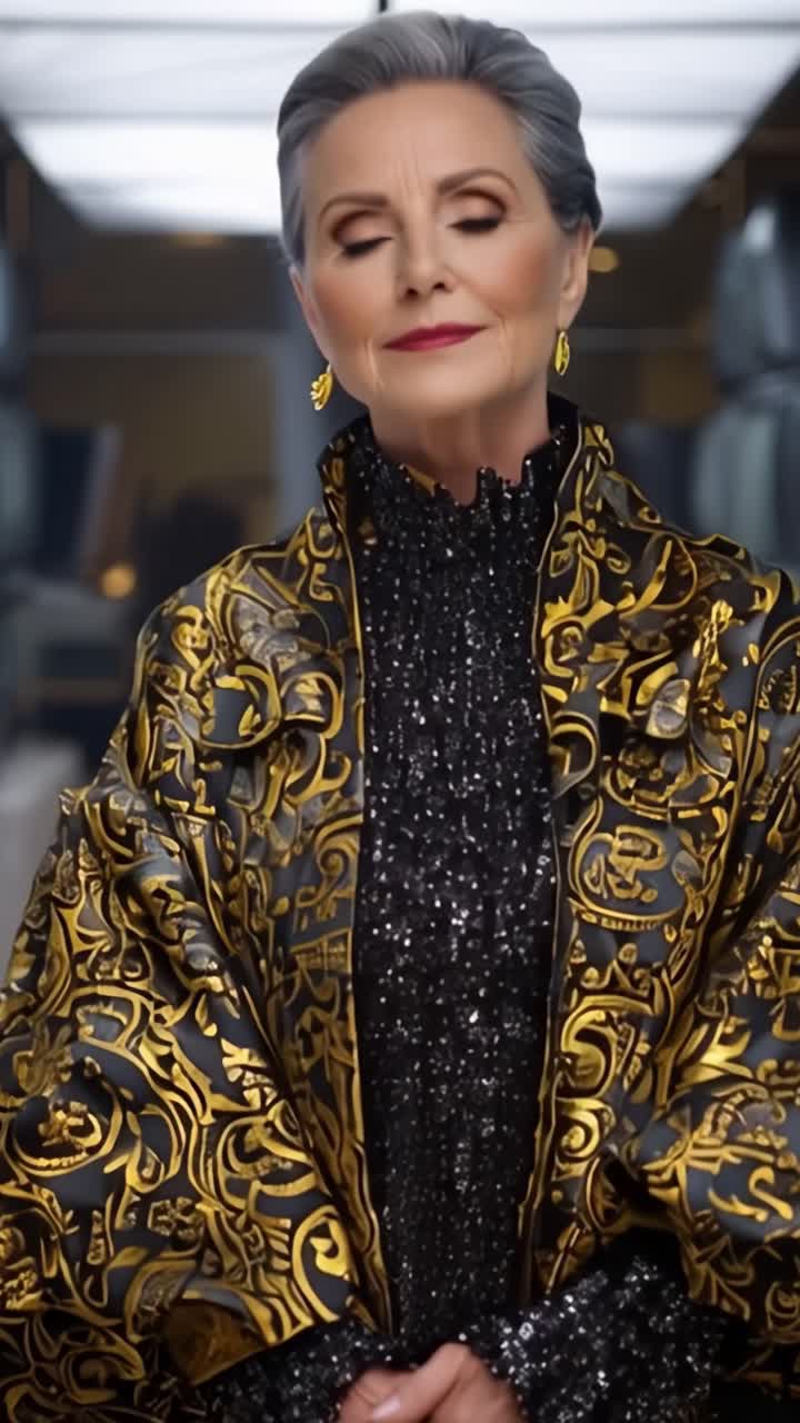 Donna elegante in un lussuoso abito a fantasia nera e oro, rivolta in avanti con un'espressione sicura, che mostra una moda sofisticata in un ambiente moderno.
