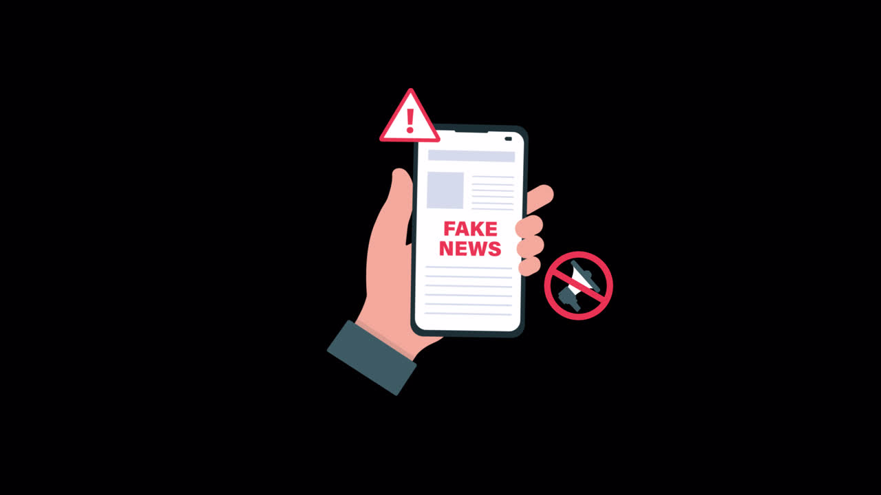 Animated Hand Holding Smartphone Displaying Fake News Warning