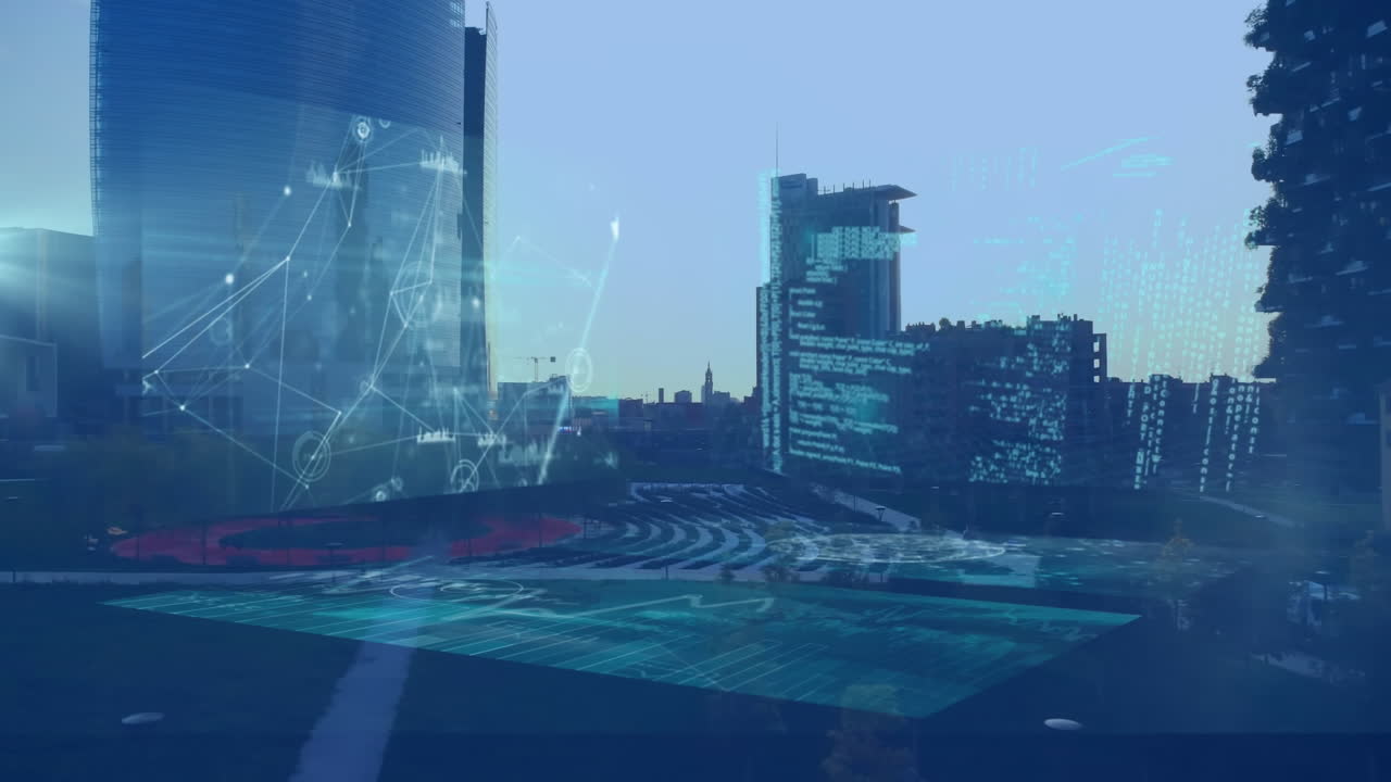 Animation of statistics and financial data processing over cityscape on blue background