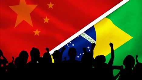 Animation-of-silhouette-of-sport-fans-with-chinese-and-brazilian-flag-background