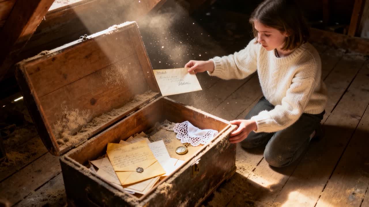 Niña arrodillada con jersey color crema, metiendo la mano en un baúl abierto en el ático, buscando cartas. Con espacio para texto.