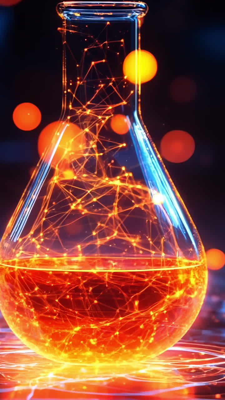 A glass vase with a glowing liquid inside. The liquid is orange and the vase is clear. The image has a futuristic and mysterious vibe