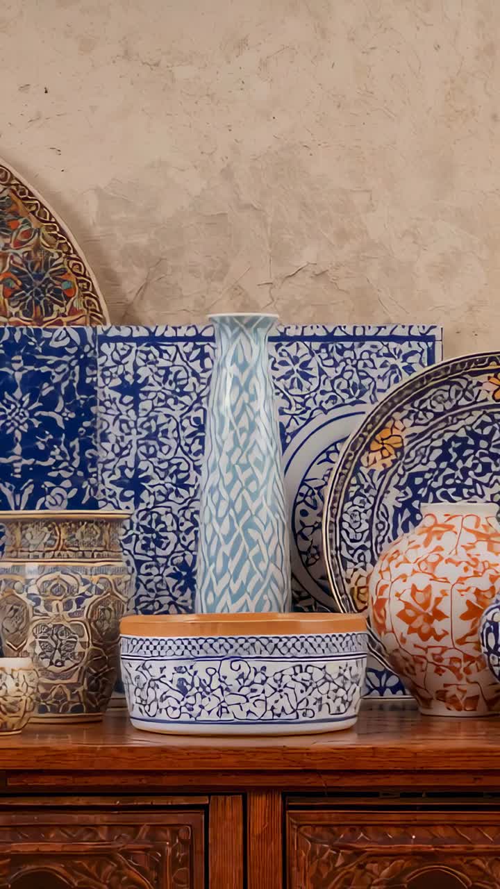 Video verticale: ripresa con camera in movimento che ricompone immagini di ceramiche su una credenza, centrando un vaso chiaro e una ciotola blu