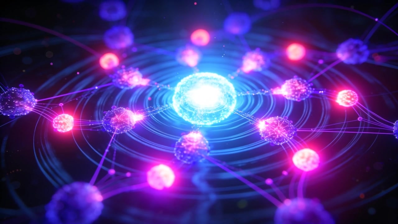 Nucleo centrale pulsante che invia impulsi di energia lungo anelli in un vuoto oscuro, attivando nodi magenta.