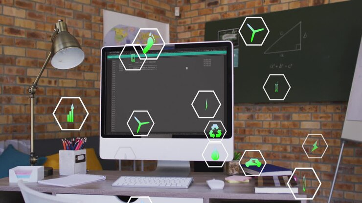 Animation of ecology icons over empty office with computer