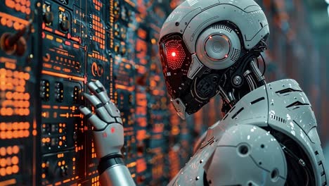 advanced robot interacting with a high-tech control panel