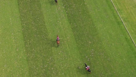 high angle aerial drone shot captures polo players on horseback competing across a vast, striped green field at prestigious chantilly polo club, france