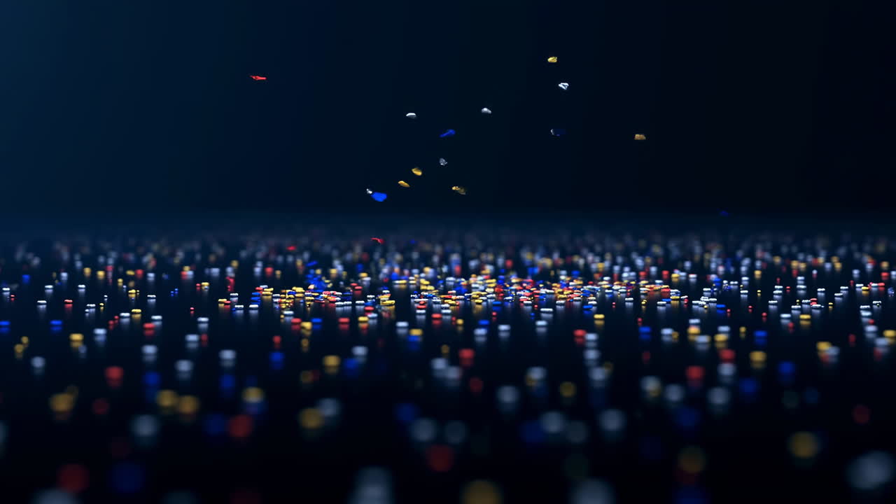 Glittering Bokeh Field With Floating Confetti And Tiny Lights Over Dark Stage, Shallow Depth Of Field Creates