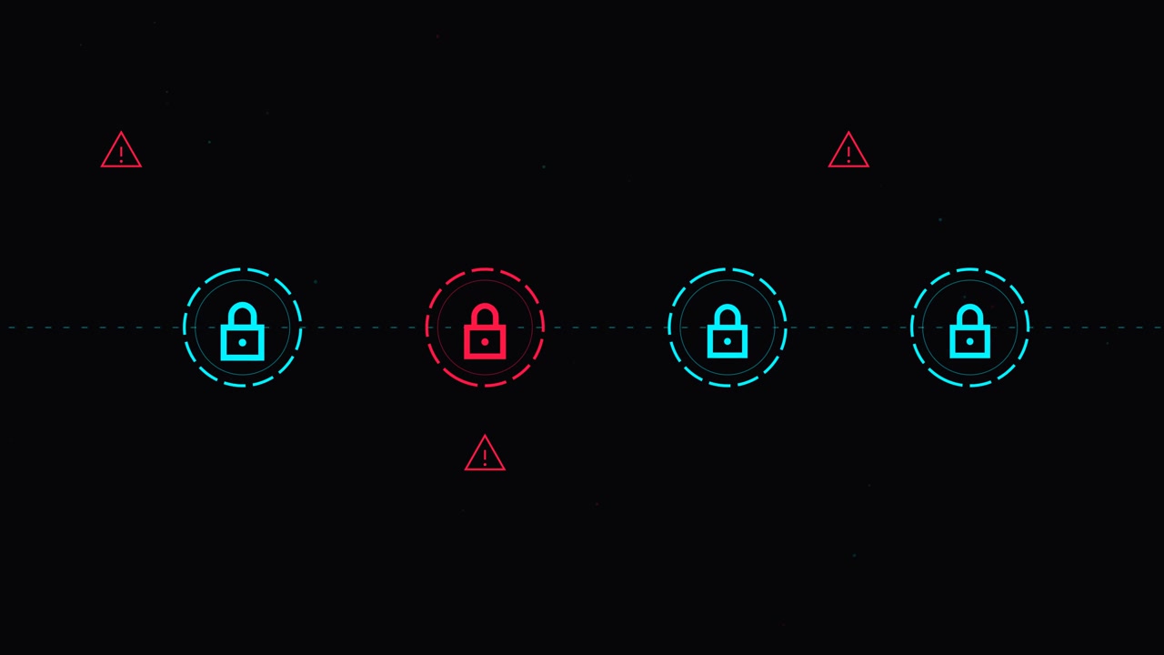 Digital Security Concept with Glowing Padlock Icons and Warning Symbols