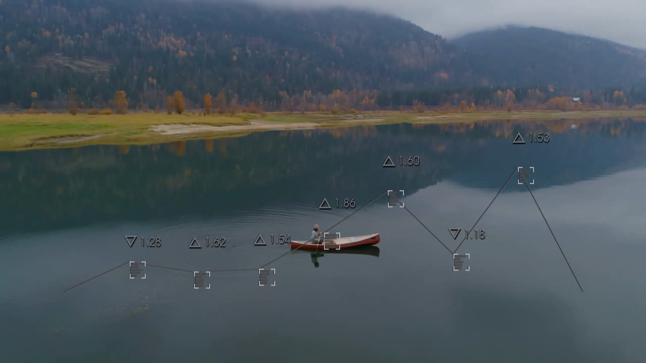 In animation, person canoeing on lake with data points overlayed on water