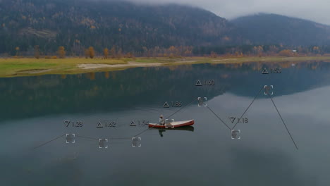 in animation, person canoeing on lake with data points overlayed on water