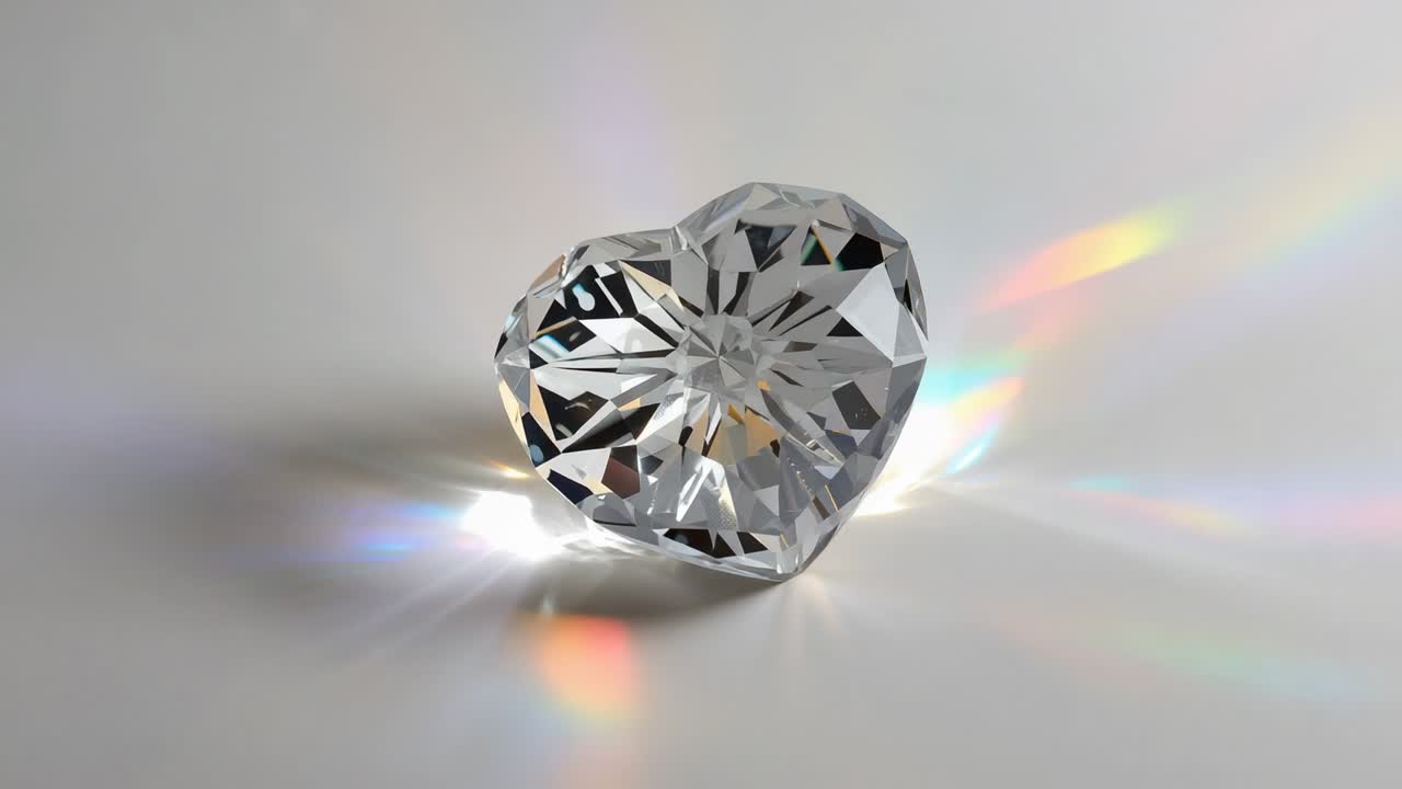 Rotating heart-shaped crystal tilting on neutral matte surface, off-frame light making rainbow rays