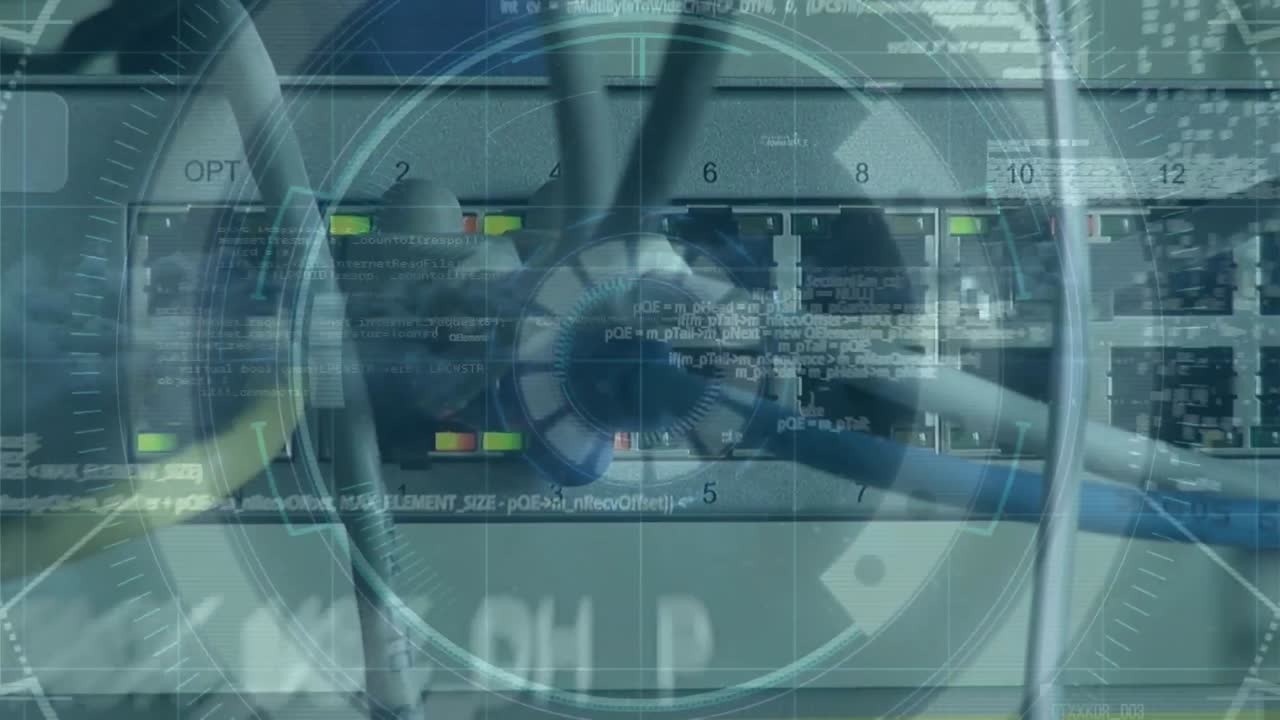 animación del cambio de números y procesamiento de datos a través de cables en un servidor informático