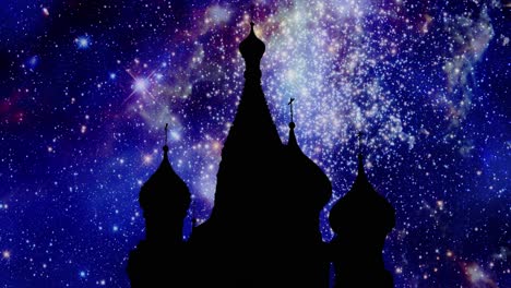 The-black-silhouette-shape-of-the-Kremlin-palace-in-Moscow,-Russia,-over-a-moving-starscape-timelapse-background