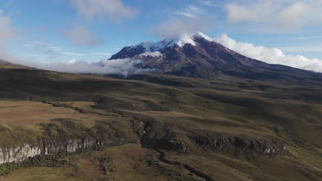 aerial view of volcan chimborazo in ecuador with surrounding rugged terrain, dolly