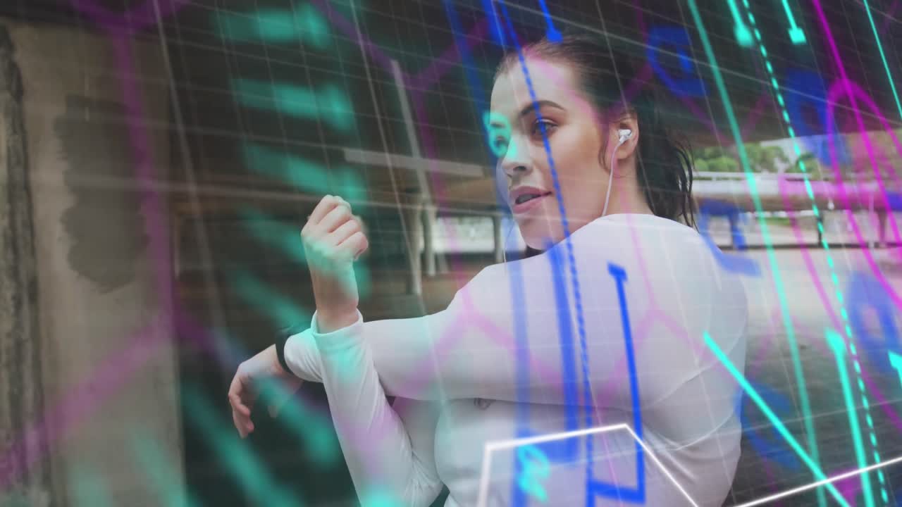 animación de procesamiento de datos sobre tamaño plus mujer caucásica haciendo ejercicio en la ciudad