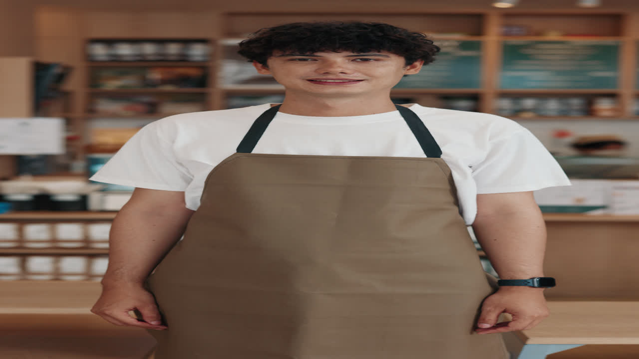 Uomo con un grembiule in un caffè
