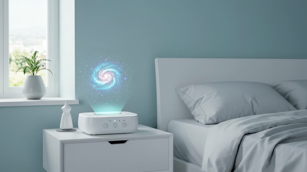 A Serene Bedroom Scene Featuring a Starry Galaxy Projection Device on a Nightstand Beside a Cozy Bed, Enhancing Relaxation and Dreamy Atmosphere