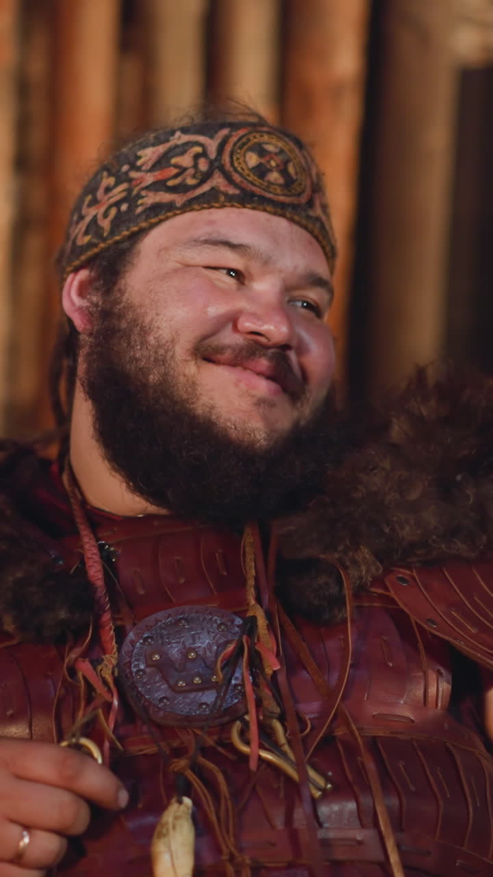 Positive bearded man with overweight wearing leather tribal costume with fur smiles sitting in cabin. Altai native folk representant. Ancient culture