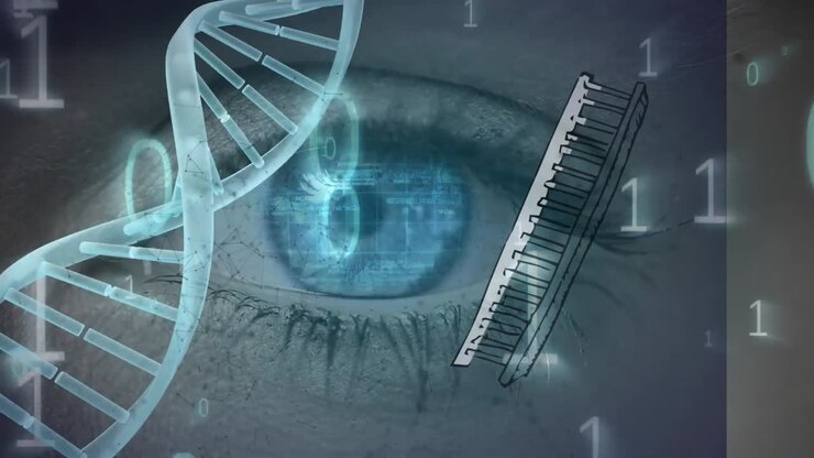Animation of data processing and dna strand over eye of caucasian woman