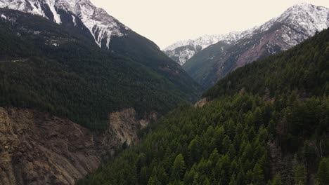 Aerial-drone-shot-of-forest-and-mountains-near-Duffey-Lake-in-British-Columbia