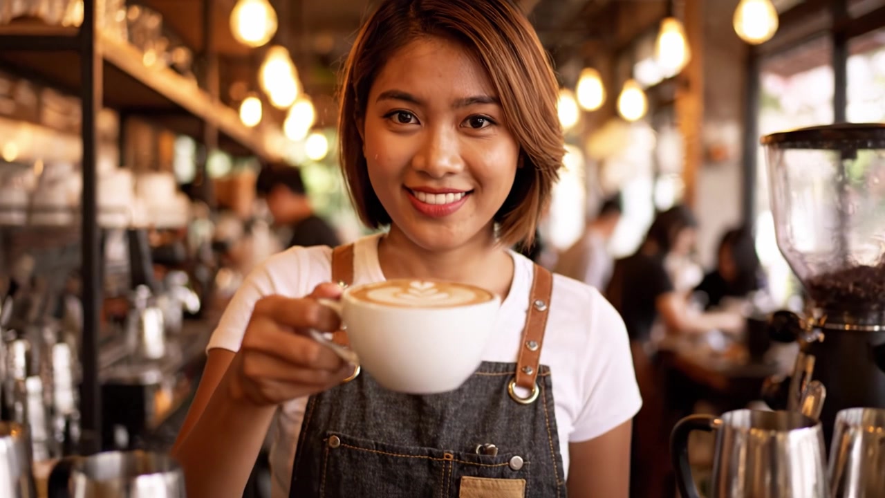 La perfezione del barista: un viaggio affascinante dalla preparazione alla presentazione di un bellissimo latte art in un'accogliente atmosfera da caffè, piena di calore e luce.