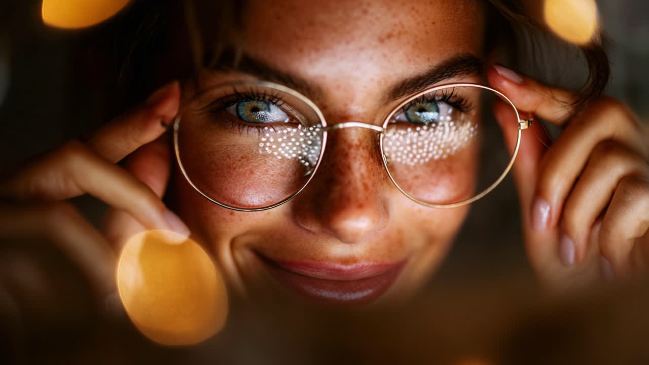 Captivating Close-Up Portrait of a Young Woman with Freckles, Highlighted by Sparkling Bokeh Lights, Wearing Stylish Glasses that Enhance Her Striking Blue Eyes and Expressive Smile