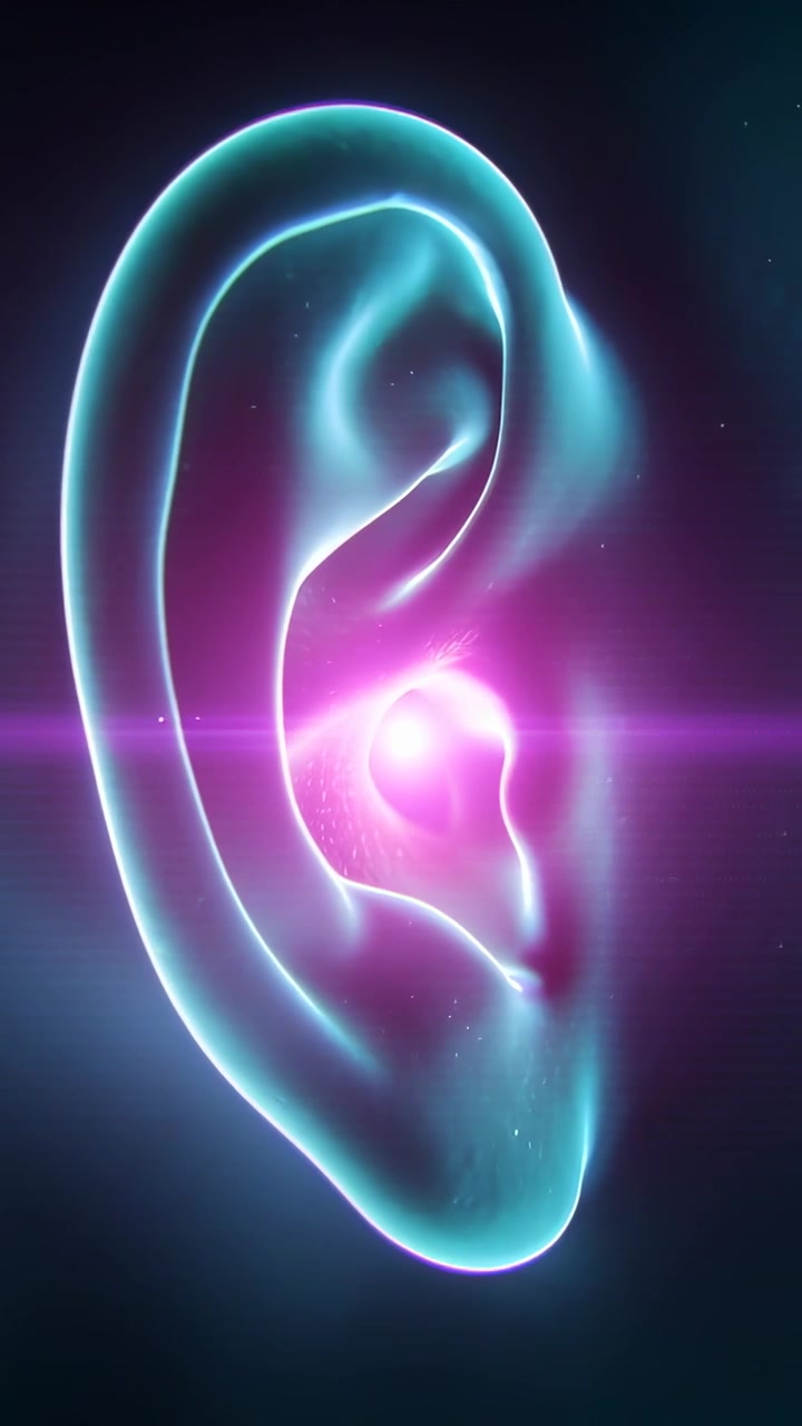 Video verticale: Sfera magenta in movimento che fa pulsare un orecchio ciano neon su sfondo scuro, con un bagliore magenta.