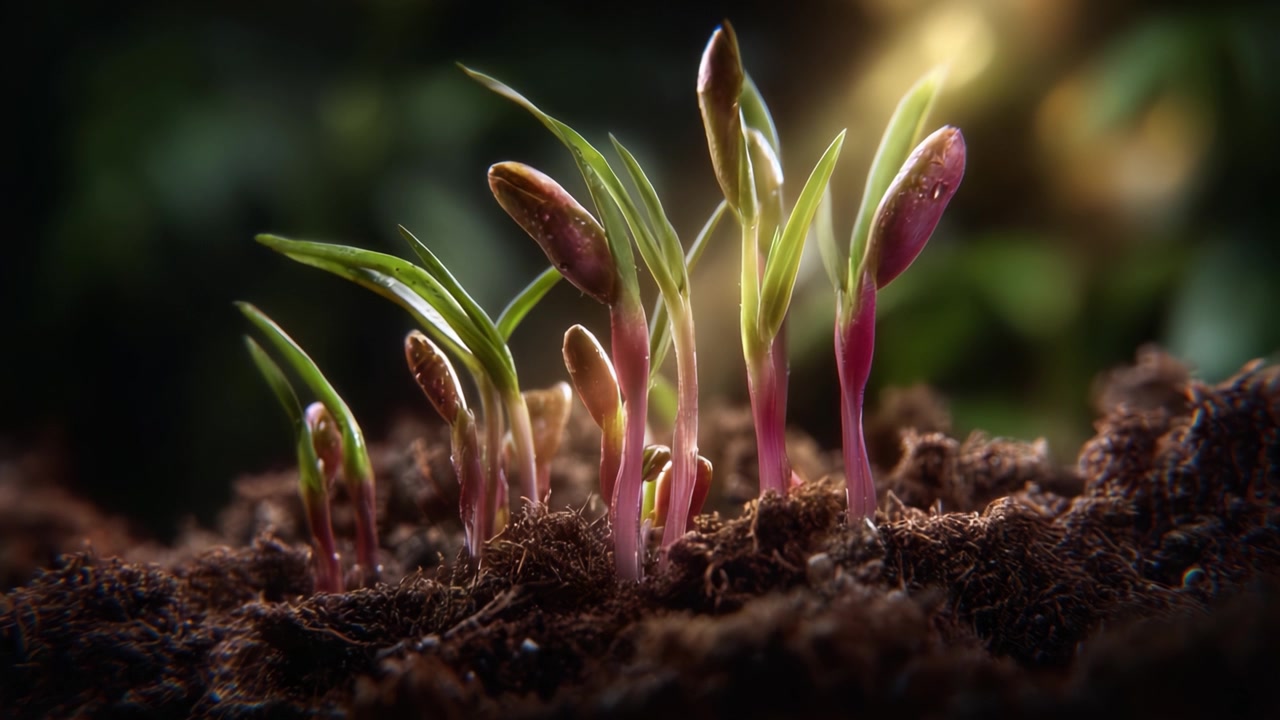 Eine Nahaufnahme von lebendigen Keimlingen, die aus fruchtbarem Boden sprießen, die Essenz neuen Lebens und Wachstums in einer üppigen botanischen Umgebung einfangend