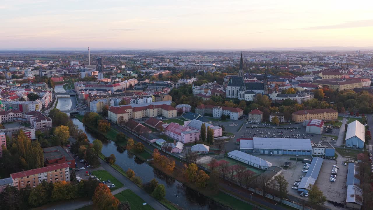 Panorama of Olomouc at sunset, taken from a drone in autumn. A beautiful city in the Czech Republic