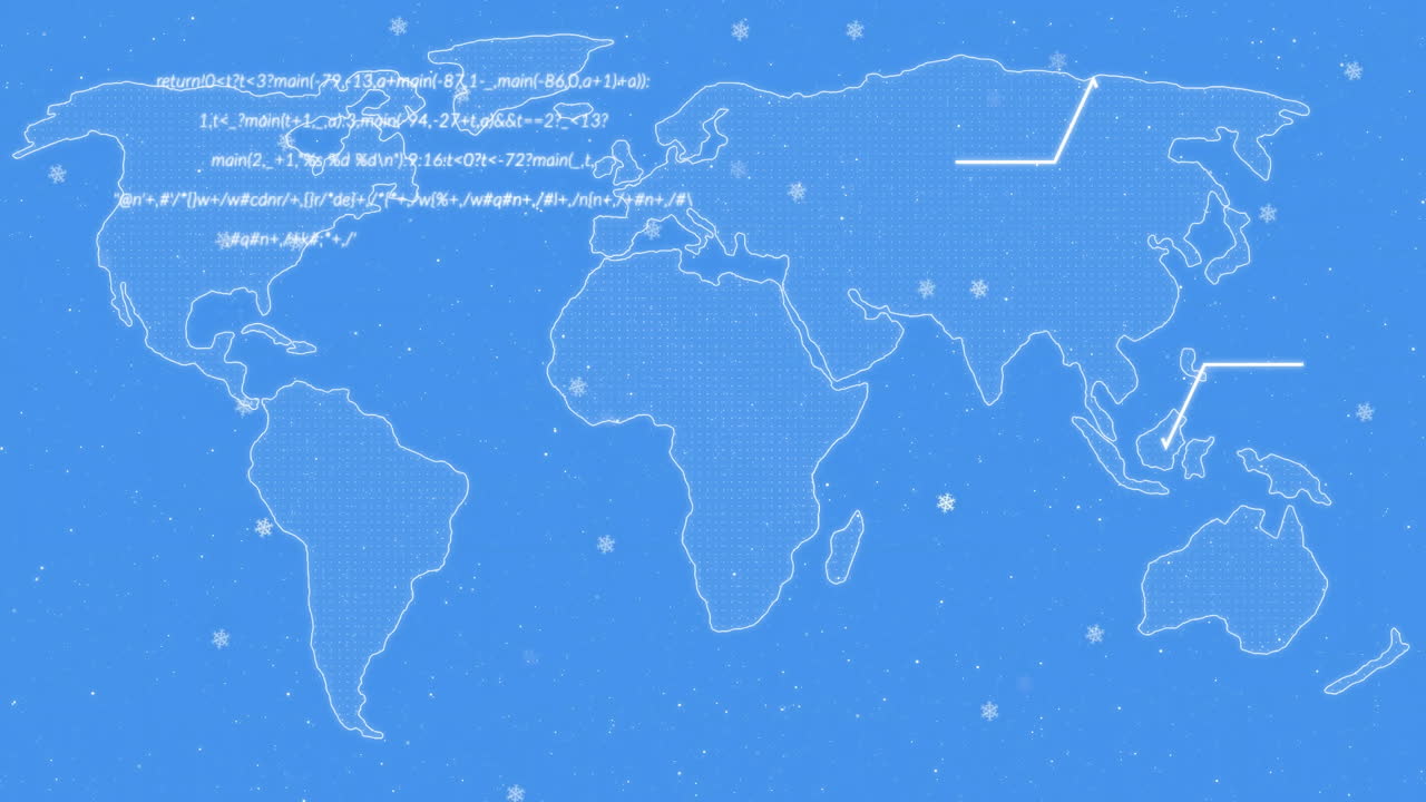 Animation of world map with mathematical equations and snowflakes on blue background