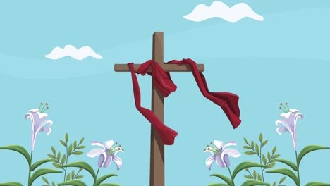 wooden christ cross with flowers garden