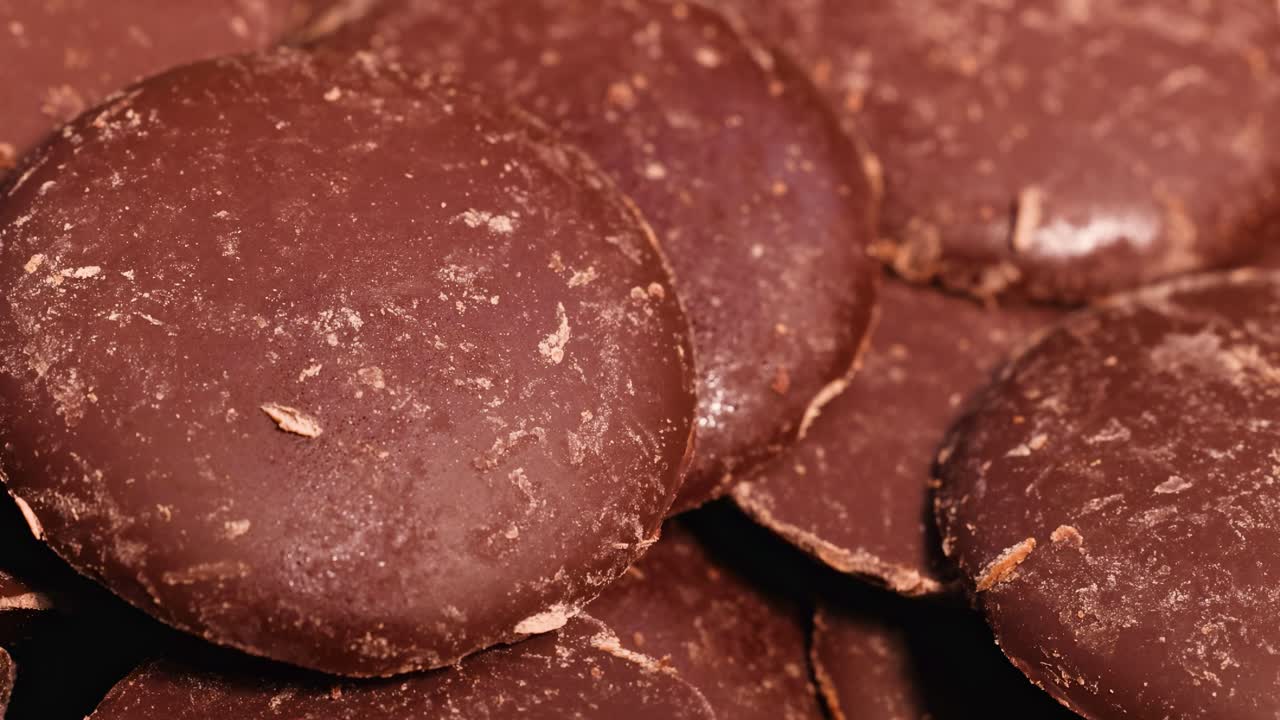 A detailed view of overlapping chocolate discs, showcasing their texture and arrangement.