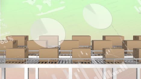 animation of statistical data processing over boxes on conveyer belt against gradient background