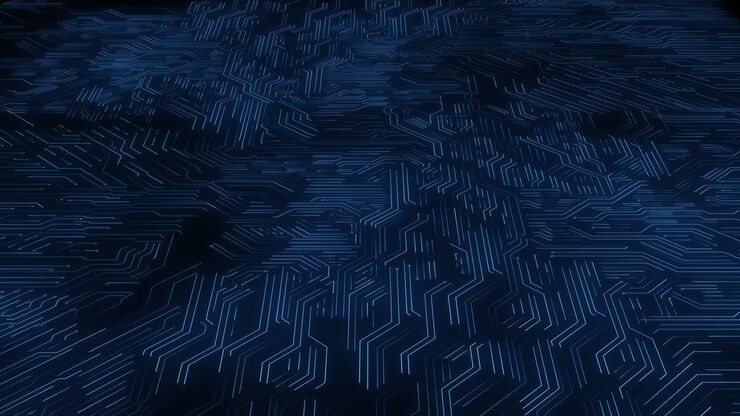 Movimento dinamico, motivo di circuito futuristico, linee blu luminose che formano uno sfondo tecnologico astratto
