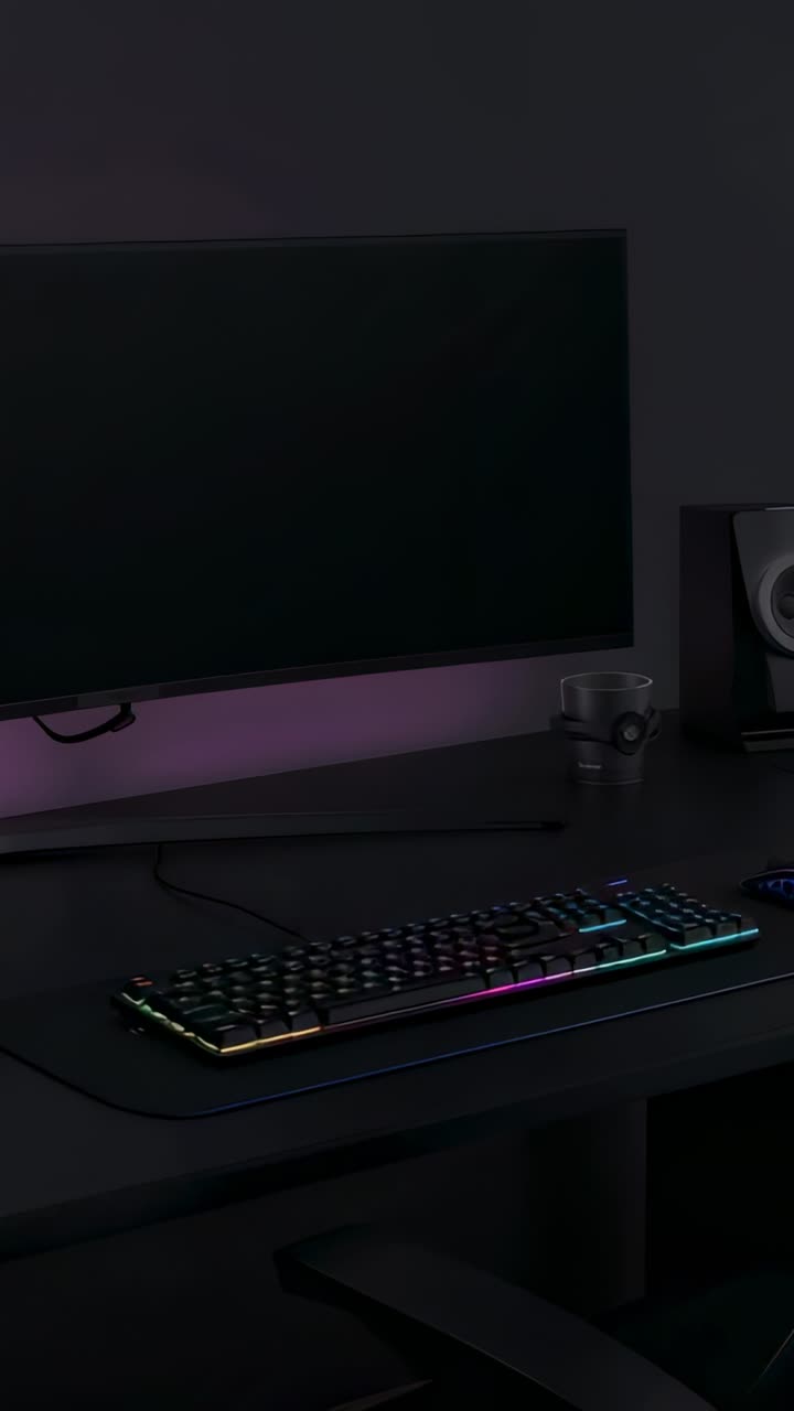 Vertical video: Showing RGB keyboard cycling colors as LEDs pulsing at desk for ambience, mouse