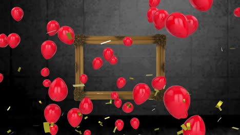 confeti dorado cayendo y múltiples globos rojos flotando contra un marco sobre un fondo gris